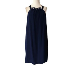 BCBGMAXAZRIA “Roya” Shift Mini Beaded Halter Dark Blue Dress Size M